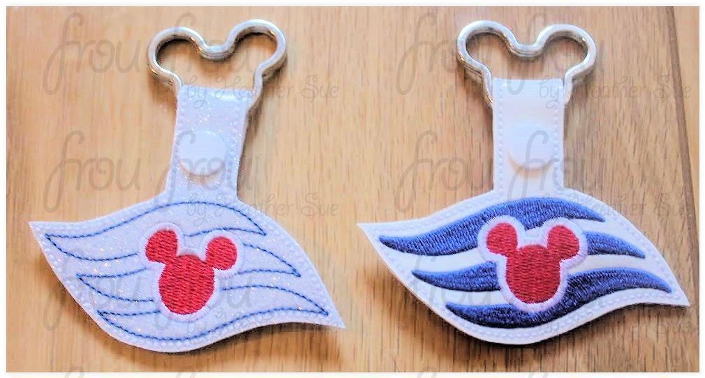 Dis Cruise Line Symbol Key Fob, TWO versions- filled and outline both short and long tab, velcro or snaps, THREE SIZES in the hoop Machine Applique Embroidery Design- 4&quot;, 7&quot;, and 10&quot;