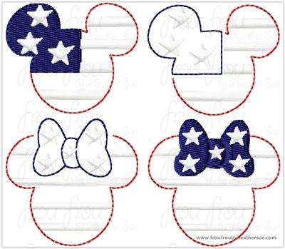 Clippie American Flag Mister and Miss Mouse Head TWO Versions each in a TWO Design SET Machine Embroidery In The Hoop Project 1.5, 2, 3, and 4 inch