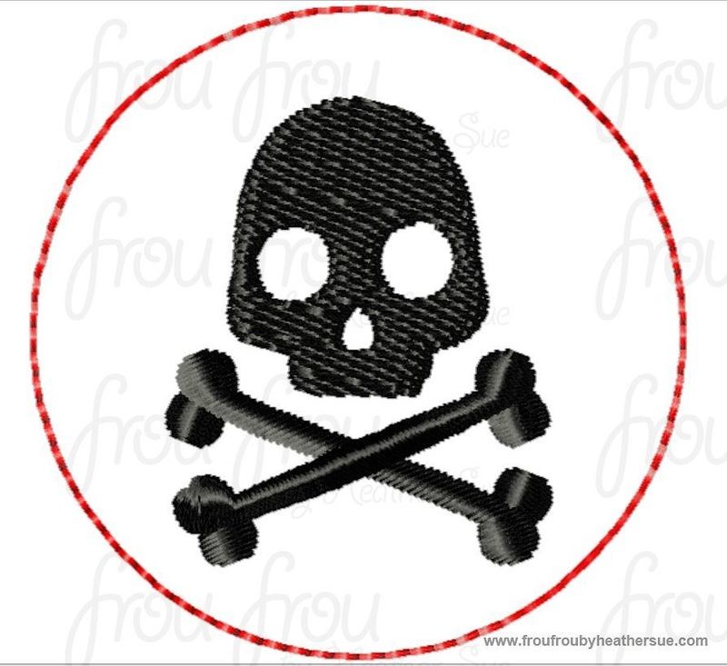 Clippie Poison Skull Crossbones Warning Symbol Machine Embroidery In The Hoop Project 1.5, 2 and 3 inch