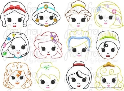Clippie Little Cutie Princesses TWELVE Design SET Machine Embroidery In The Hoop Project 1.5, 2, and 3 inch
