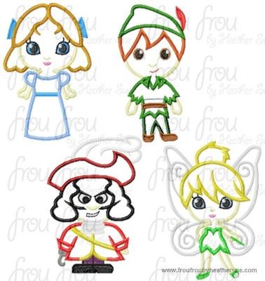 SET of Pete, Windy, Captain No Hand and Tinkk FOUR Little Cutie Princesses Prince Machine Applique Embroidery Designs, Multiple Sizes including 4 inch