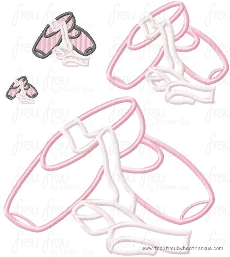 Ballet Shoes Machine Applique Embroidery Design, multiple sizes, including 1, 2, 3, 4, 6, and 8 inch