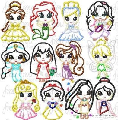 Set of TWELVE Cutie Little Princess Machine Applique Embroidery Designs, Multiple Sizes- NOW INCLUDING 4 INCH