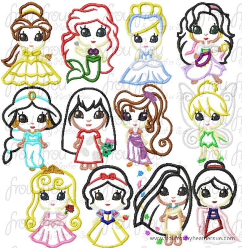 Set of TWELVE  Cutie Little Princess Machine Applique Embroidery Designs, Multiple Sizes- NOW INCLUDING 4 INCH