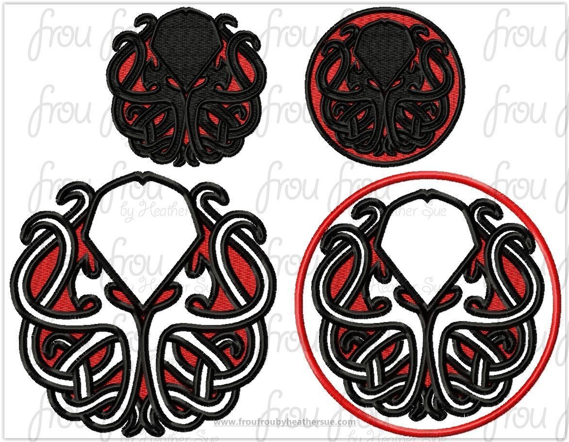 Chulu Octopus TWO versions with and without circle Applique and filled Embroidery Design, Multiple Sizes, including 3&quot;-14&quot;