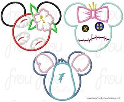 Lila Mouse Head THREE Design SET Machine Applique Embroidery Design, Multiple sizes including 4 inch