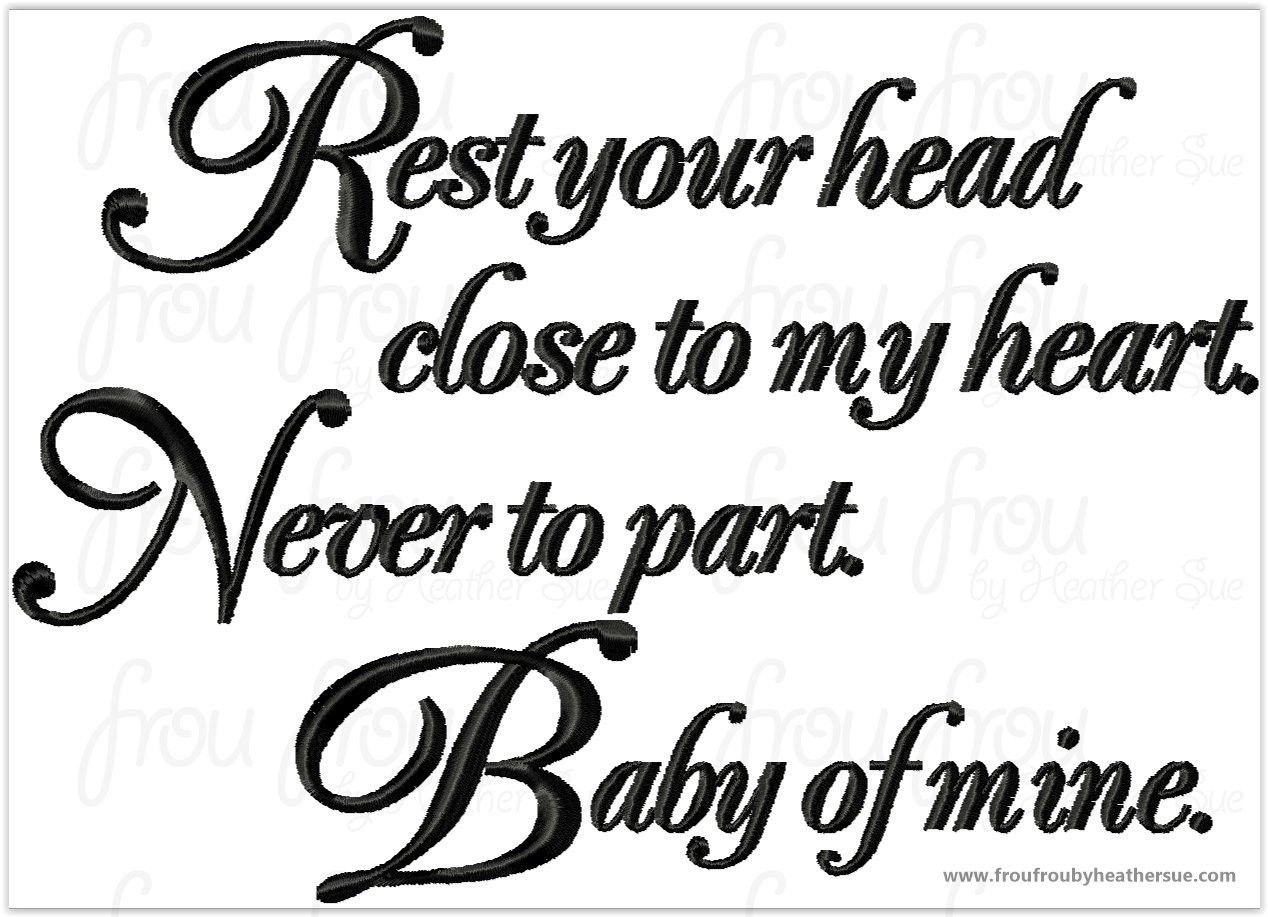 Rest Your Head Close to My Heart Wording Flying Elephant Machine Embroidery Design, Multiple sizes including 4 inch