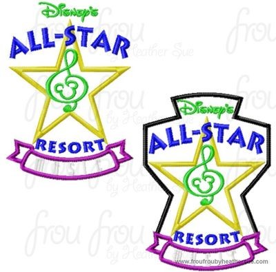 All Music Resort Hotel Motel sign TWO DESIGN SET machine applique Embroidery Design, multiple sizes- including 4 inch