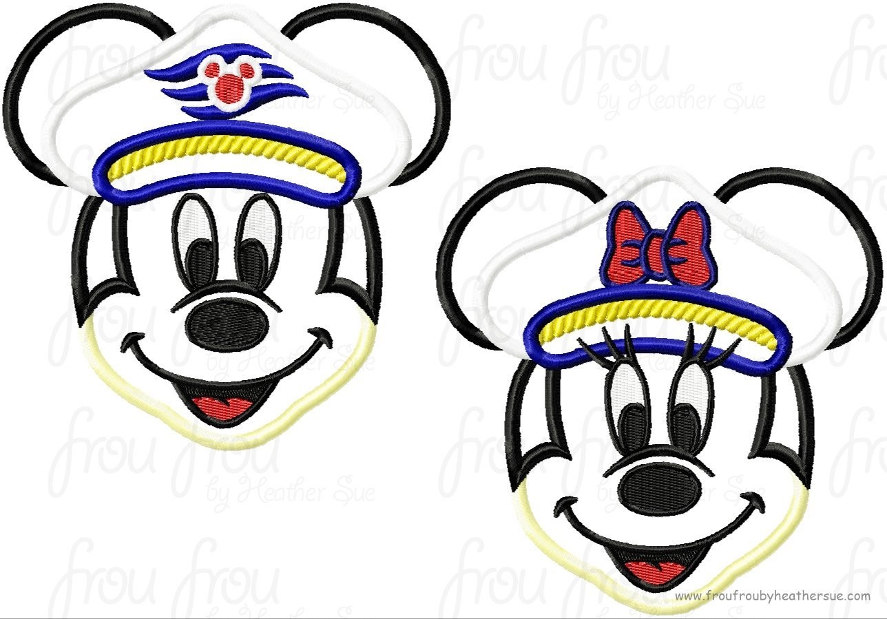 Captain Mister and Miss Mouse Face Cruise Ship TWO Design SET Machine  Applique Embroidery Design, Multiple Sizes, including  4 inch