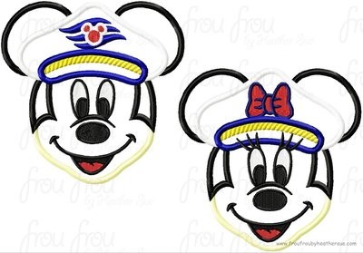 Captain Mister and Miss Mouse Face Cruise Ship TWO Design SET Machine  Applique Embroidery Design, Multiple Sizes, including  4 inch
