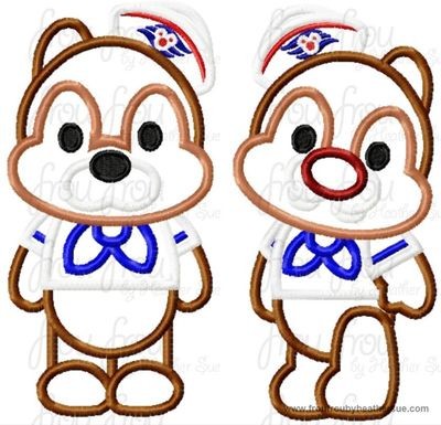 Chep and Dole Chipmunk Cutie Cruise Ship TWO DESIGN SET Machine Applique Embroidery Design, Multiple Sizes, including 4 inch