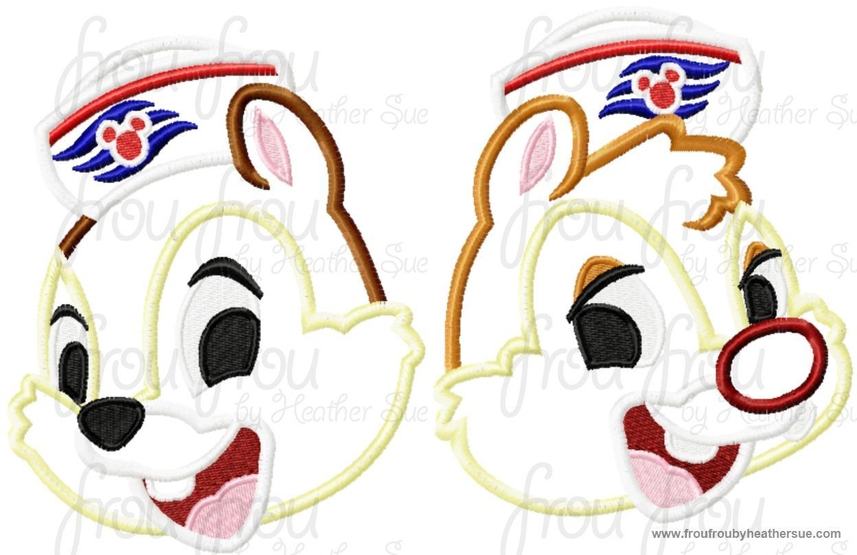 Chep and Dole Chipmunk Head Wearing Sailor Hat Cruise Ship TWO Design SET Machine  Applique Embroidery Design, Multiple Sizes, including  4 inch