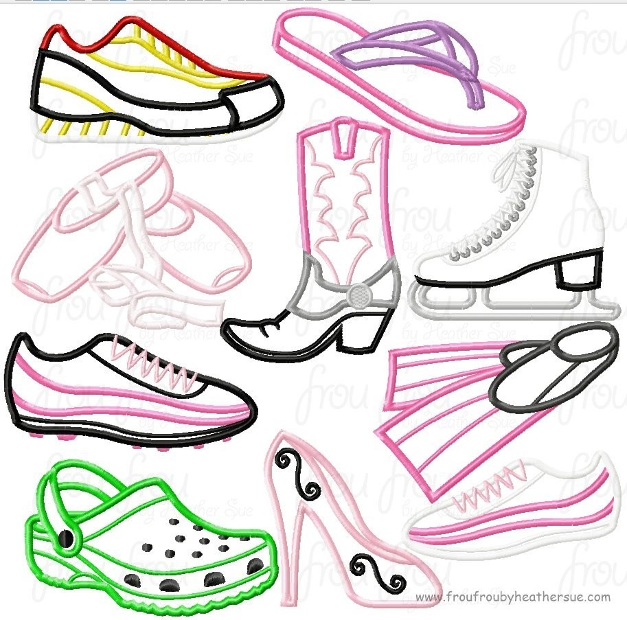 Shoes TEN design SET Machine Applique Embroidery Designs, multiple sizes, including 1, 2, 3, 4, 7, and 10 inch