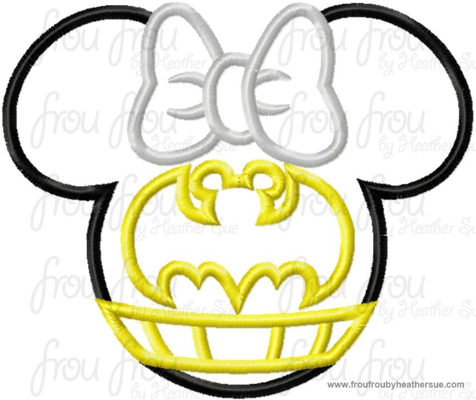 Bat Super Hero Miss Mouse Head Machine Applique Embroidery Designs, multiple sizes including 4 inch