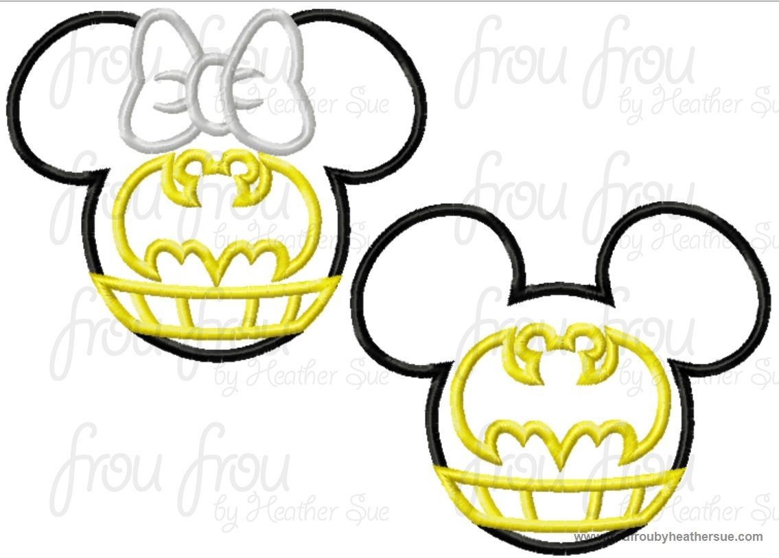 Bat Super Hero Mister and Miss Mouse Head TWO Design SET Machine Applique Embroidery Designs, multiple sizes including 4 inch