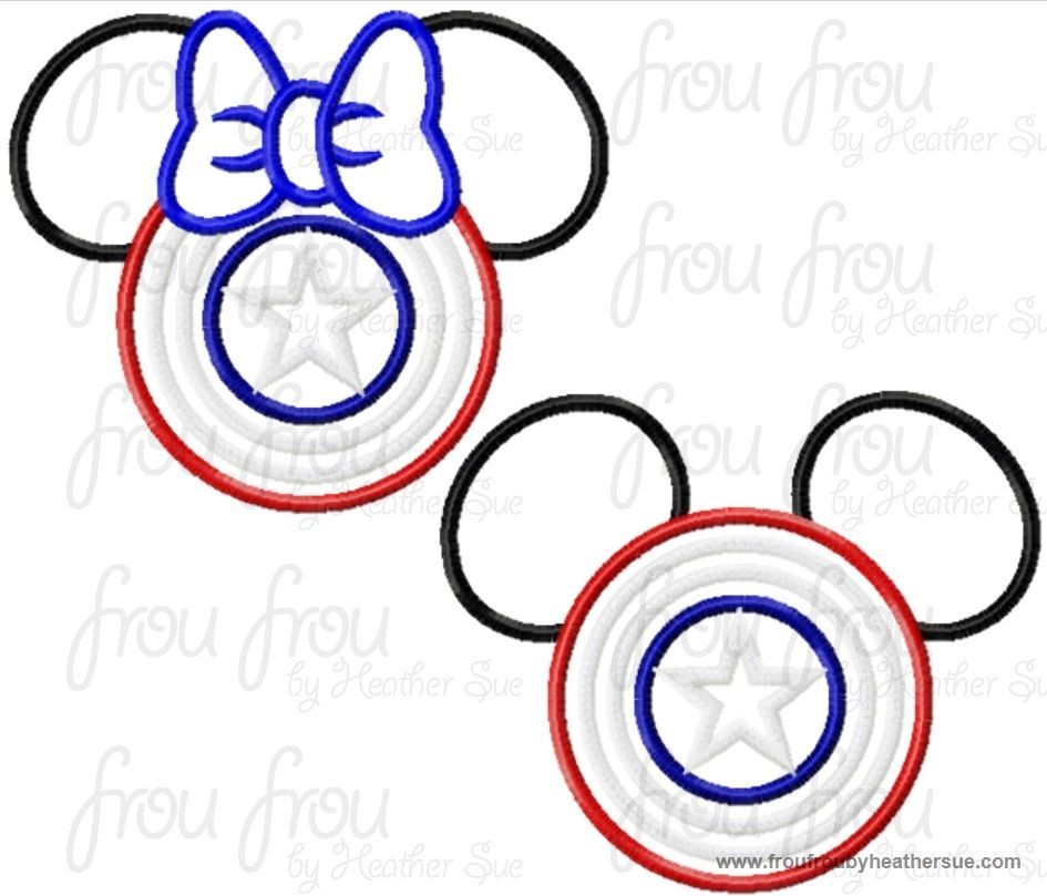 Captain USA Super Hero Mister and Miss Mouse Head TWO Design SETMachine Applique Embroidery Designs, multiple sizes including 4 inch