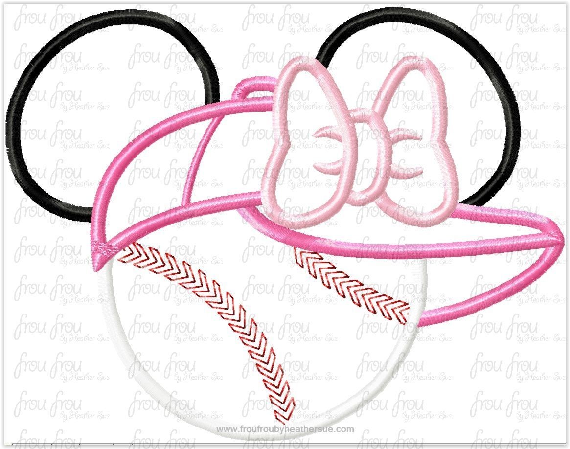 Baseball Softball Miss Mouse Head Wearing Baseball Cap Hat Machine Applique Embroidery Designs, multiple sizes including 4&quot;-16&quot;