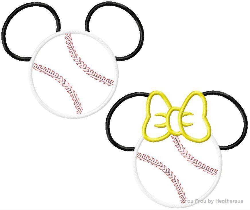 Baseball Softball Mister and Miss Mouse Head TWO Design SET Machine Applique Embroidery Designs, multiple sizes including 4 inch
