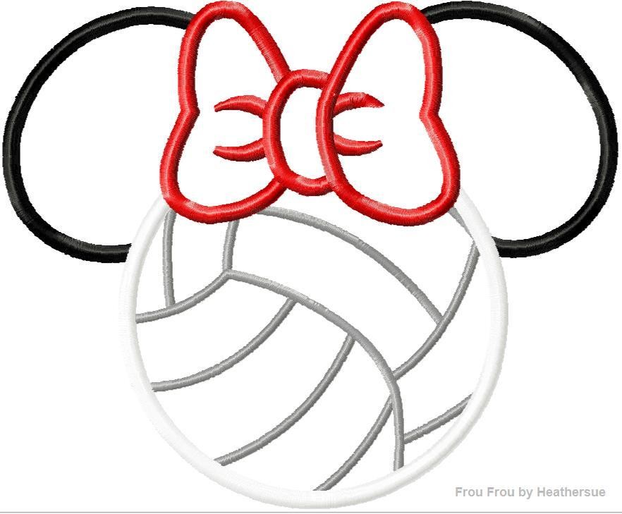 Volleyball Miss Mouse Head Machine Applique Embroidery Designs, multiple sizes including 4 inch