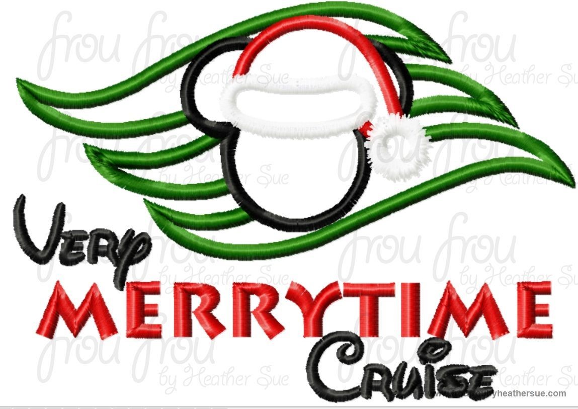 Very Merrytime Christmas Dis Cruise Line Symbol with Santa Hat Mister Mouse Head With AND without wording Machine Applique Embroidery Design, Multiple Sizes, including  4 inch