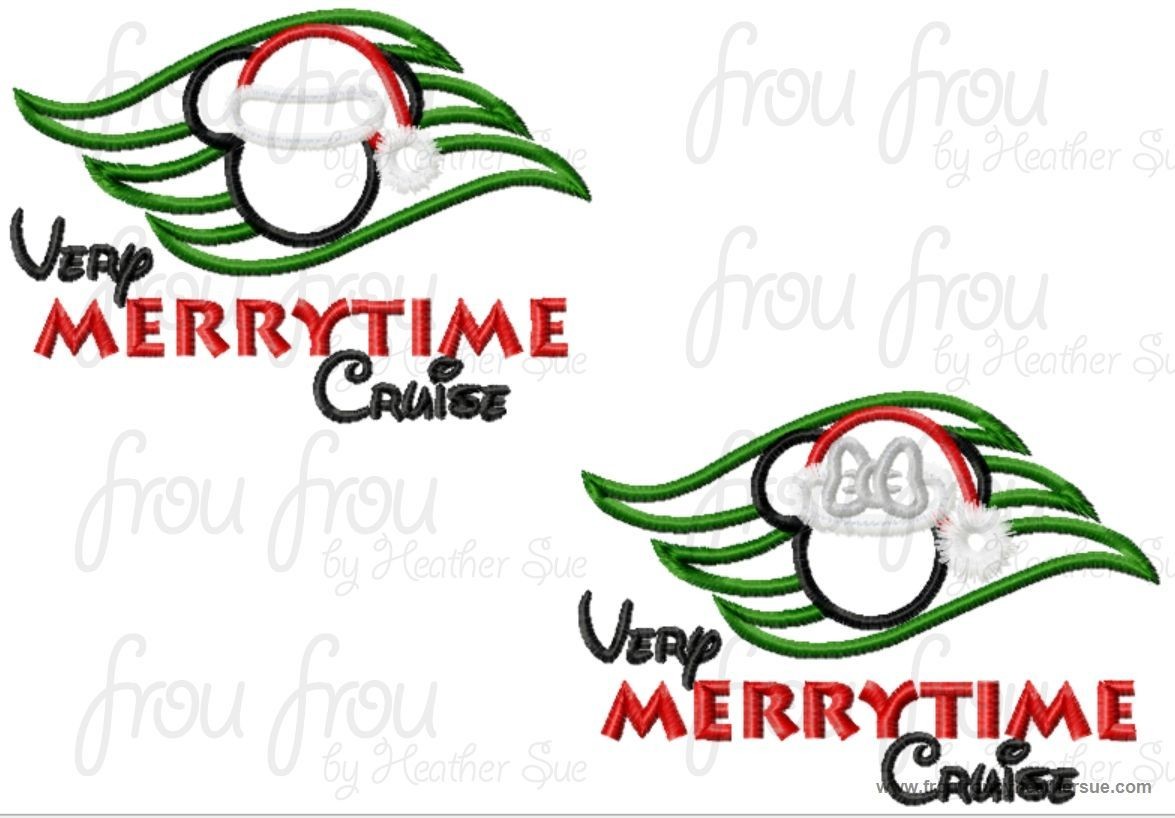 Very Merrytime Christmas Dis Cruise Line Symbol with Santa Hat Mister and Miss Mouse Head With AND without wording TWO DESIGN SET Machine Applique Embroidery Design, Multiple Sizes, including  4 inch