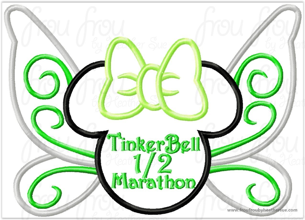 Tinkk Half Marathon Fairy Wings Miss Mouse Head Running Machine Applique Embroidery Design, multiple sizes including 4 inch