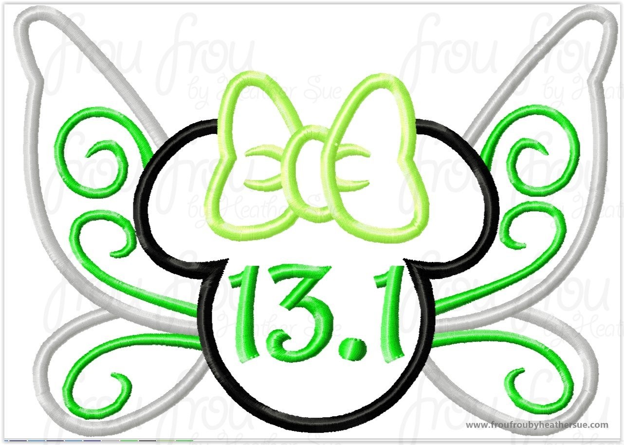 Tinkk 13.1 Half Marathon Fairy Wings Miss Mouse Head Running Machine Applique Embroidery Design, multiple sizes including 4 inch