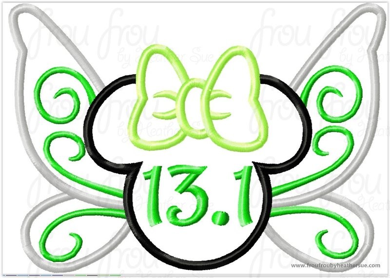 Tinkk 13.1 Half Marathon Fairy Wings Miss Mouse Head Running Machine Applique Embroidery Design, multiple sizes including 4 inch