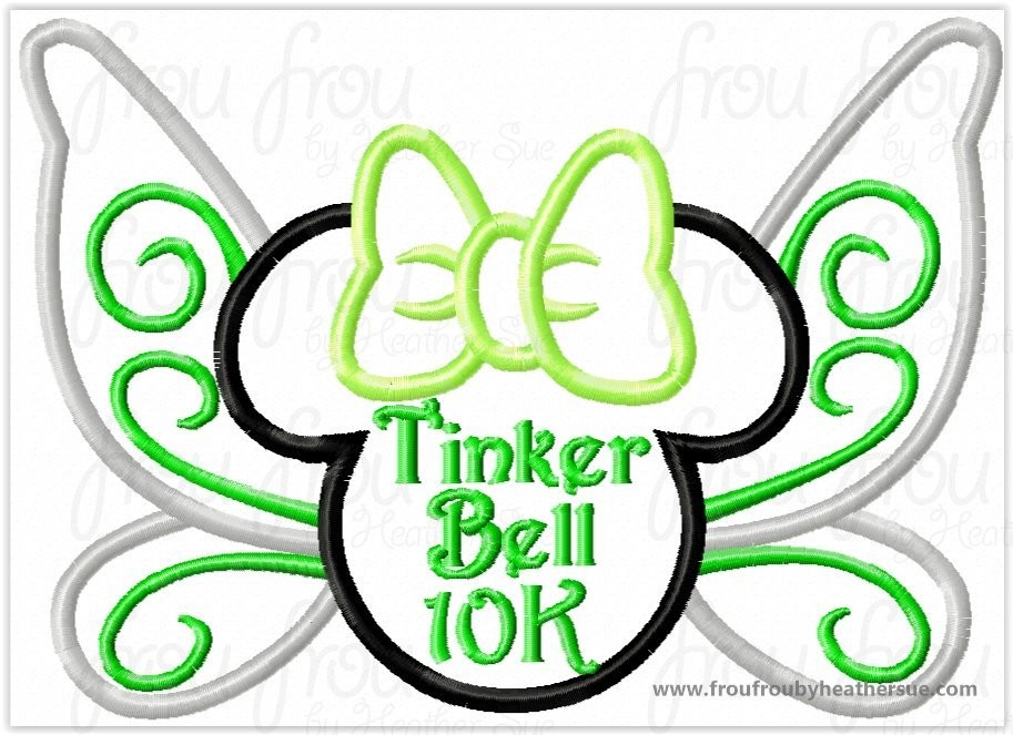 Tinkk 10K Race Fairy Wings Miss Mouse Head Running Machine Applique Embroidery Design, multiple sizes including 4 inch