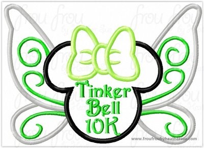 Tinkk 10K Race Fairy Wings Miss Mouse Head Running Machine Applique Embroidery Design, multiple sizes including 4 inch