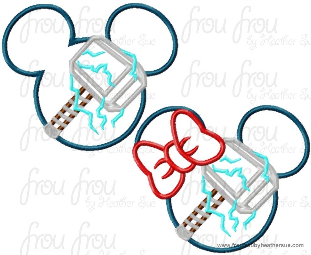 Thorn Hammer Super Hero Mister and Miss Mouse Head TWO Design SET Machine Applique Embroidery Designs, multiple sizes including 4 inch