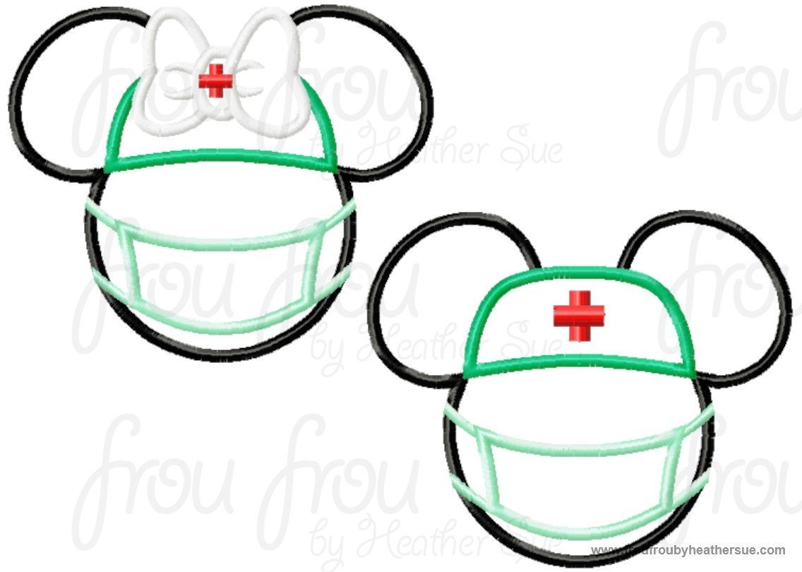 Surgeon with Face Mask Mister and Miss Mouse Head TWO Design SET Machine Applique Embroidery Designs, multiple sizes including 4 inch