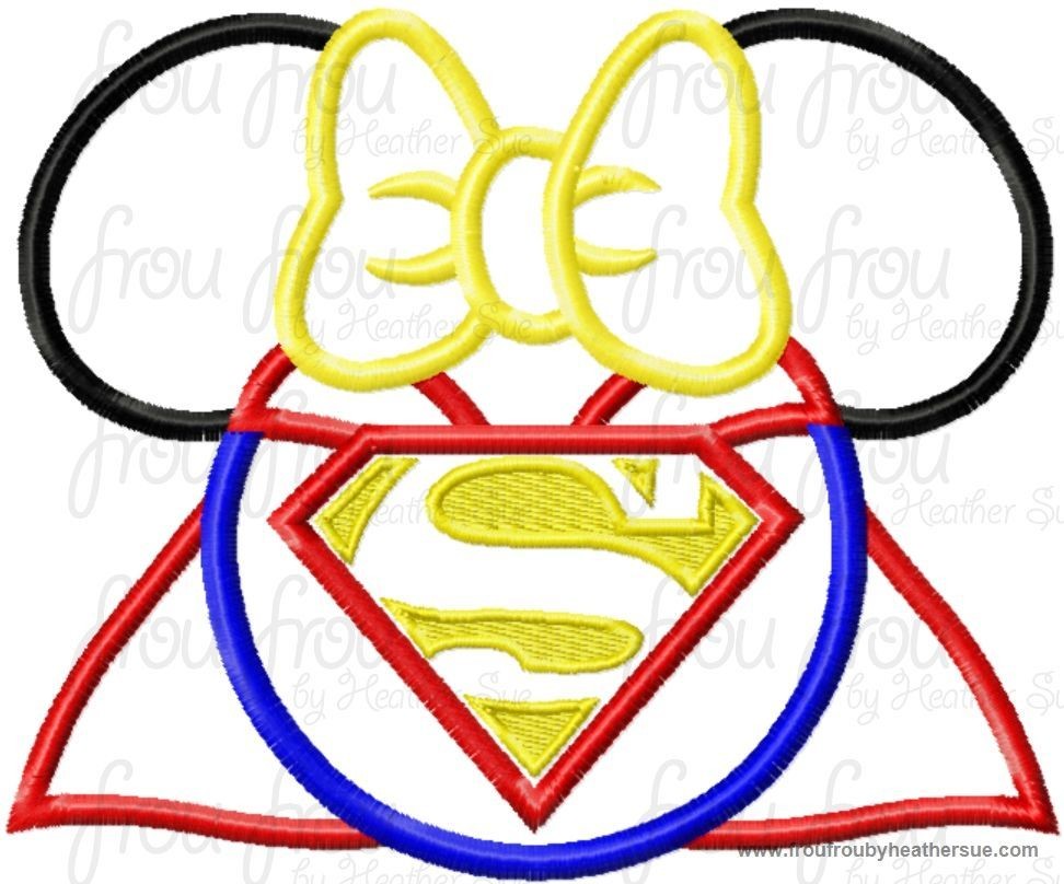 Super Hero Miss Mouse Head Machine Applique Embroidery Designs, multiple sizes including 4 inch