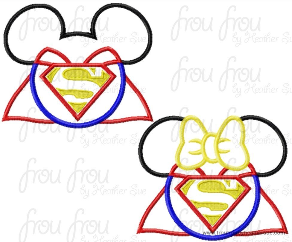 Super Hero Miss and Mister Mouse Head TWO Design SET Machine Applique Embroidery Designs, multiple sizes including 4 inch