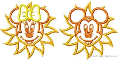 Sun Sunshine Mister and Miss Mouse Head Summer TWO Design SET Machine Applique Embroidery Design, multiple sizes, including 4 inch