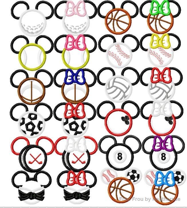 Sports Mister and Miss Mouse Heads TWENTY-FOUR Design SET Machine Applique Embroidery Designs, multiple sizes including 4 inch
