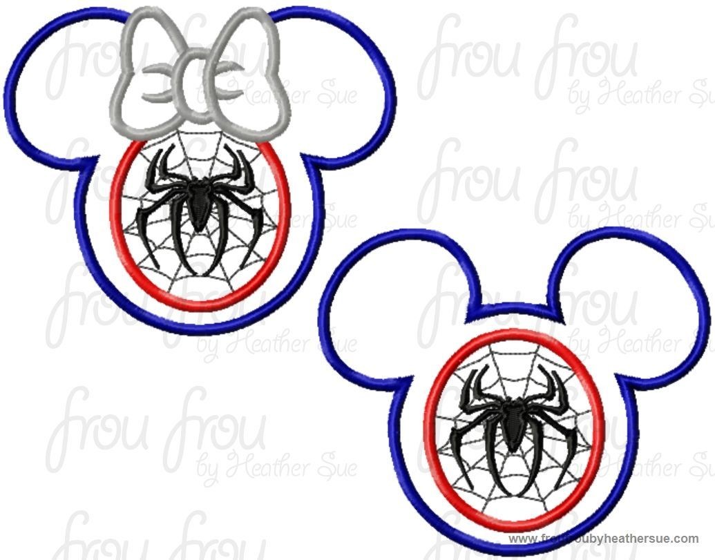 Spider Super Hero Mister and Miss Mouse Head TWO Design SET Applique Embroidery Designs, multiple sizes including 4 inch