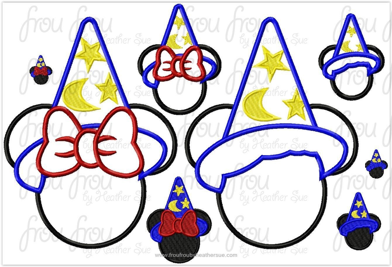Sorcerer Hat Mister and Miss Mouse Head TWO Design SET Machine Applique Embroidery Design, multiple sizes, including 1&quot;-16&quot;