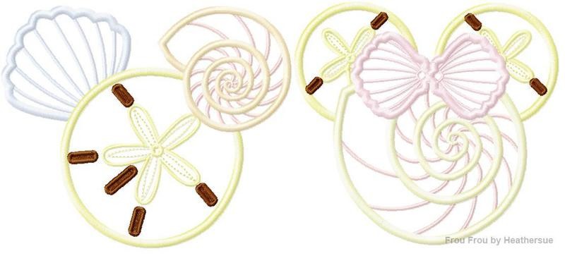 Shell Mister and Miss Mouse Head Summer Beach TWO Design SET Machine Applique Embroidery Design, multiple sizes, including 4 inch