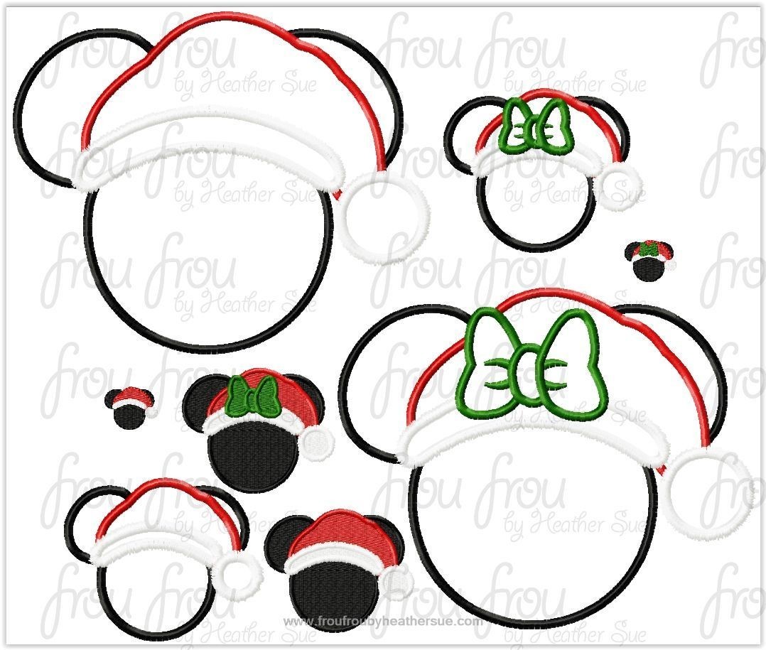 Santa Hat Mister and Miss Mouse Head Christmas TWO Design SET Machine Applique Embroidery Design, mutliple sizes including 1&quot;-16&quot;