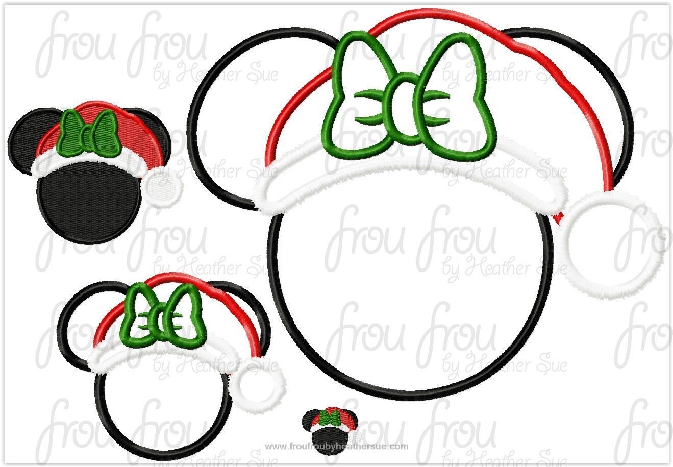 Santa Hat Miss Mouse Head Christmas Machine Applique Embroidery Design, mutliple sizes including 1&quot;-16&quot;