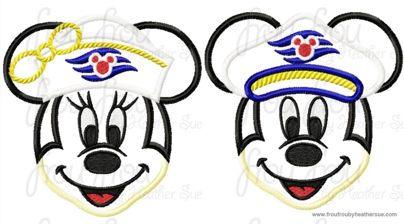 Sailor Hat Miss Mouse and Captain Cap Mister Mouse Face TWO Design SET Cruise Ship Machine  Applique Embroidery Design, Multiple Sizes, including  4 inch