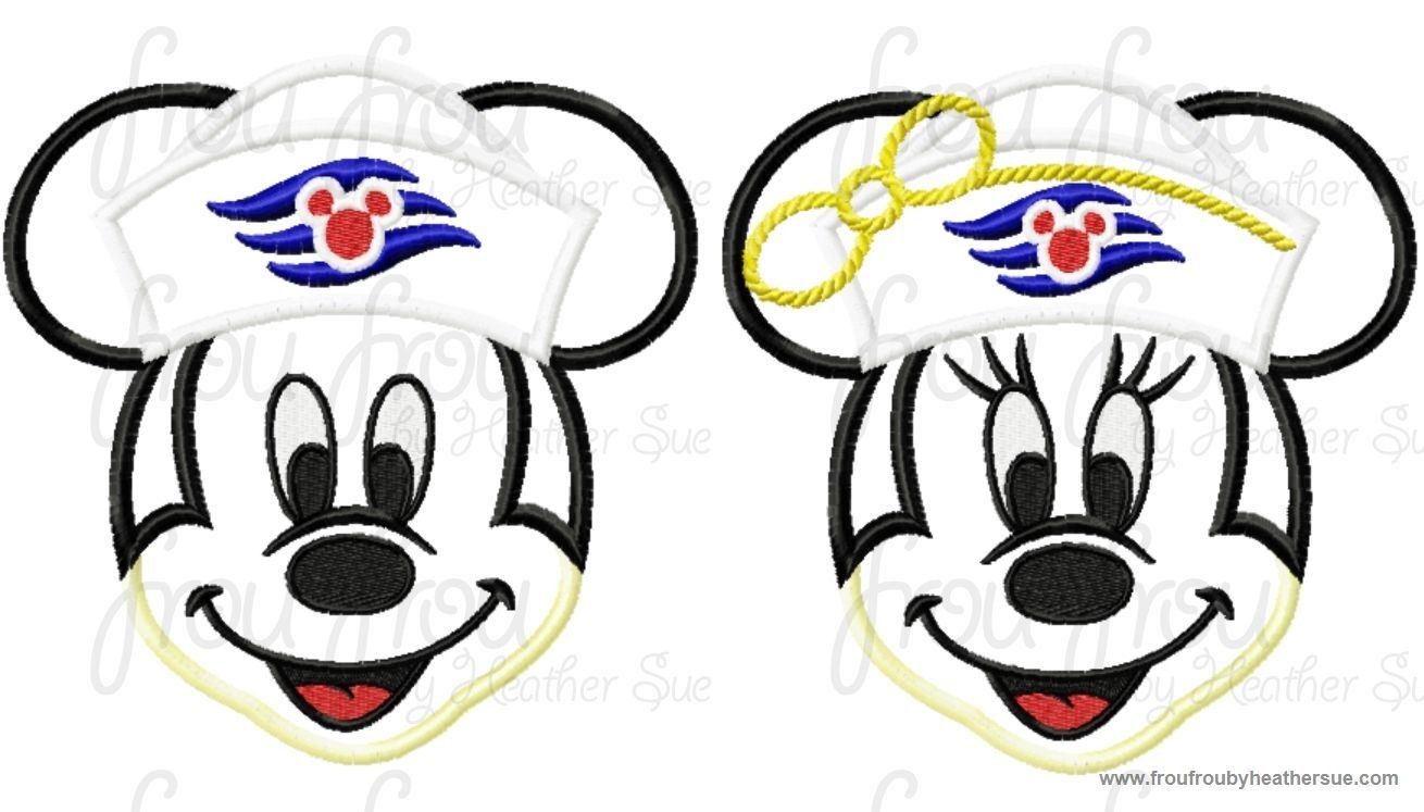 Sailor Hat Miss and Mister Mouse Face TWO Design SET Cruise Ship Machine  Applique Embroidery Design, Multiple Sizes, including  4 inch