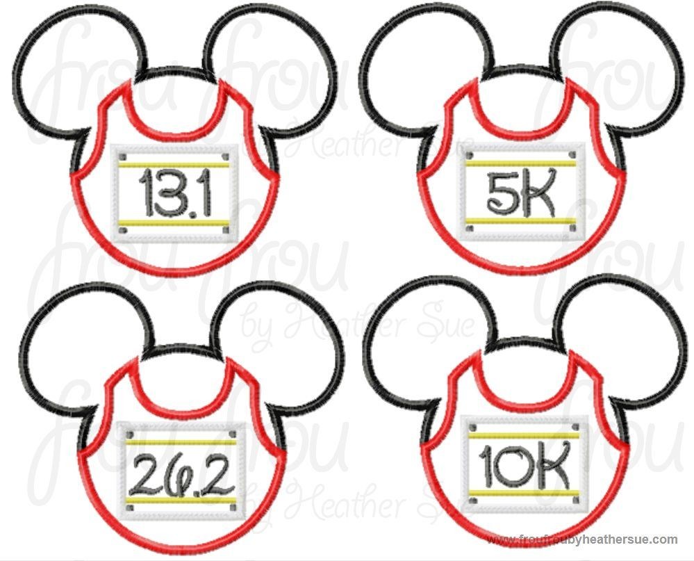 Running Mister Mouse Head FOUR Design SET Run 5K, 10K, 13.1 and 26.2 Marathon Race Machine Applique Embroidery Design, Multiple sizes including 4 inch
