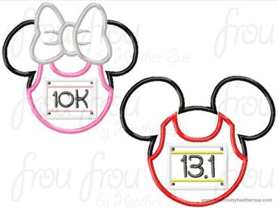 Running Mister and Miss Mouse Head EIGHT Design SET Run 5K, 10K, 13.1 and 26.2 Marathon Race Machine Applique Embroidery Design, Multiple sizes including 4 inch