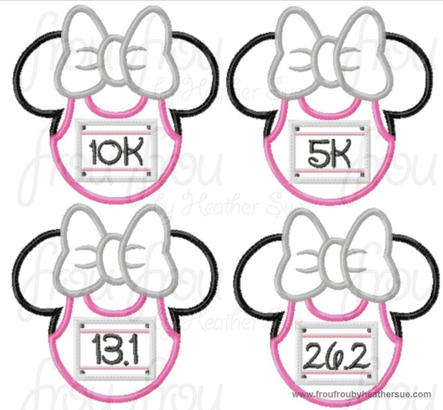 Running Miss Mouse Head FOUR Design SET Run 5K, 10K, 13.1 and 26.2 Marathon Race Machine Applique Embroidery Design, Multiple sizes including 4 inch