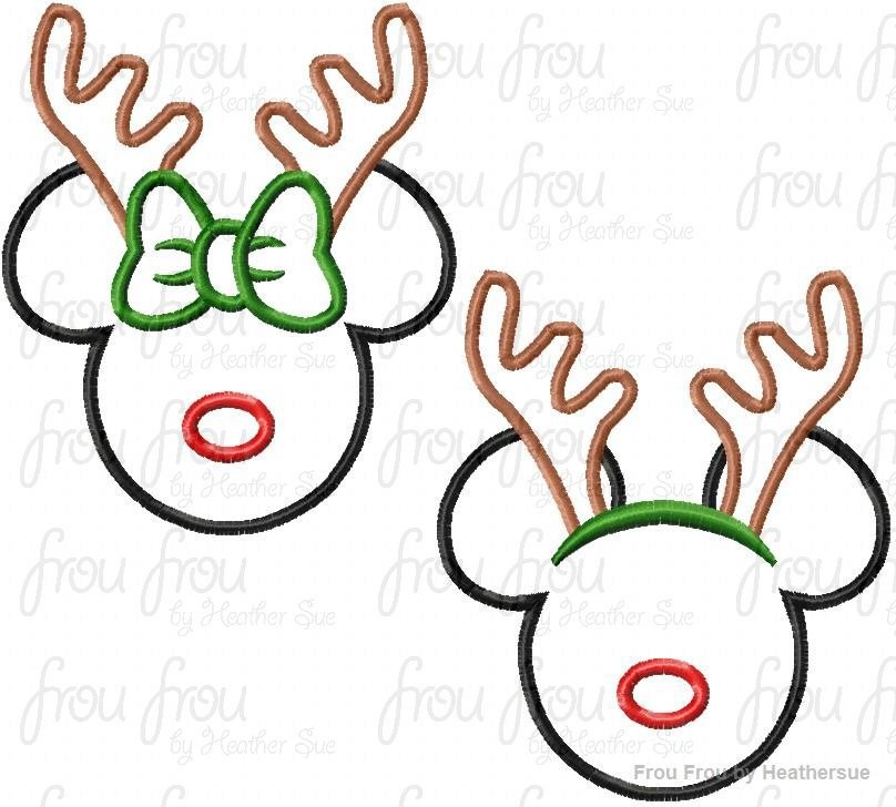 Reindeer Hat Mister and Miss Mouse Head TWO Design SET Rudolph Machine Embroidery Applique Design- Multiple Sizes, including 4 inch