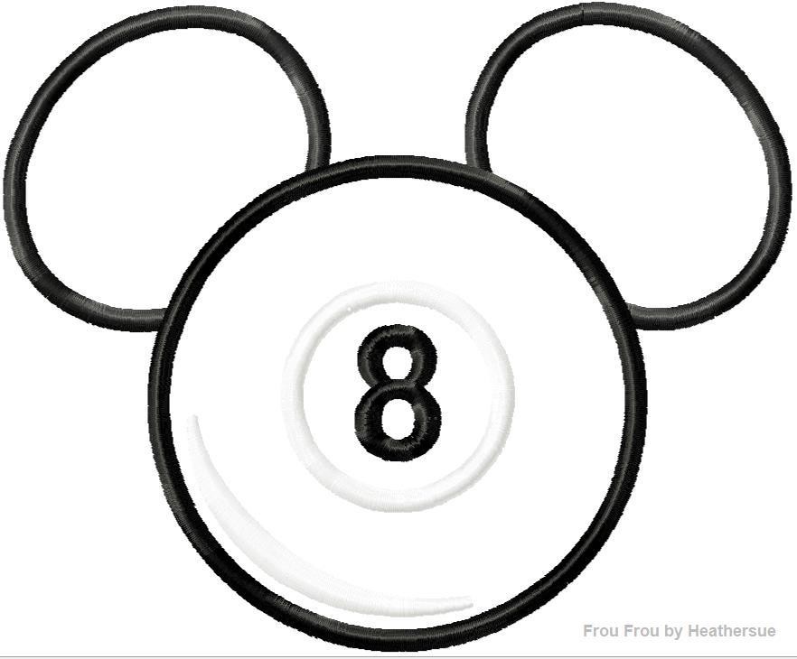 Pool 8 Ball Mister Mouse Head Machine Applique Embroidery Designs, multiple sizes including 4 inch