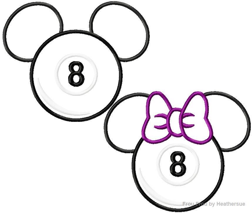 Pool 8 Ball Mister and Miss Mouse Head TWO Design SET Machine Applique Embroidery Designs, multiple sizes including 4 inch