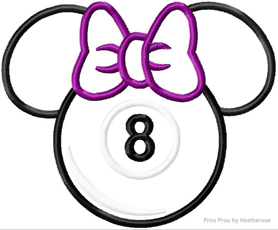 Pool 8 Ball Miss Mouse Head Machine Applique Embroidery Designs, multiple sizes including 4 inch